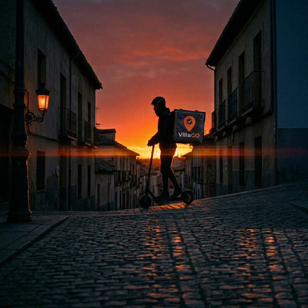VillaGO rider on Calle Mayor at golden hour